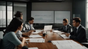a group of professionals in a meeting room discussing charts and graphs.