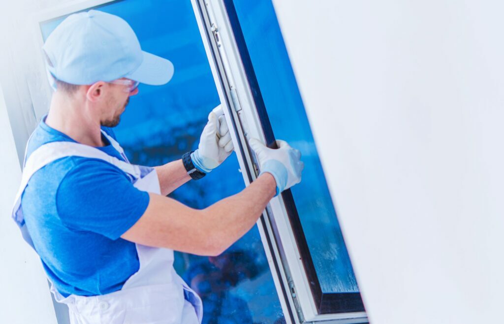 Man installing a window, wearing gloves and a cap, in a bright indoor setting, illustrating