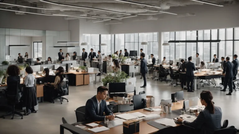 a bustling office with diverse professionals working collaboratively around a large conference table.