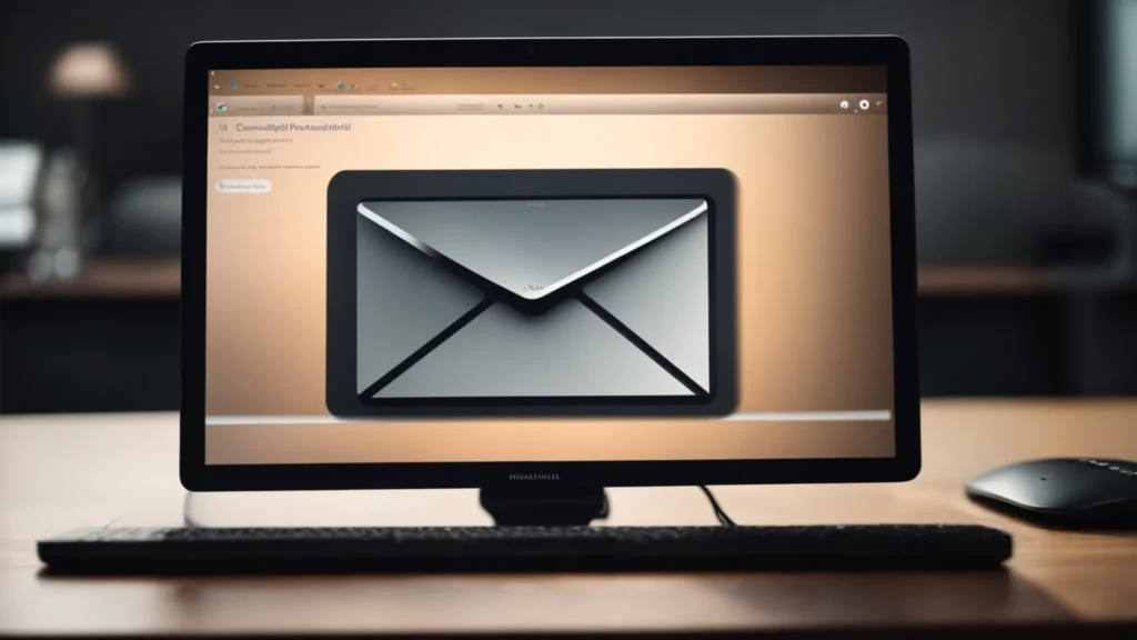 a computer screen displaying an open email inbox with a shield icon in the corner, symbolizing protection.
