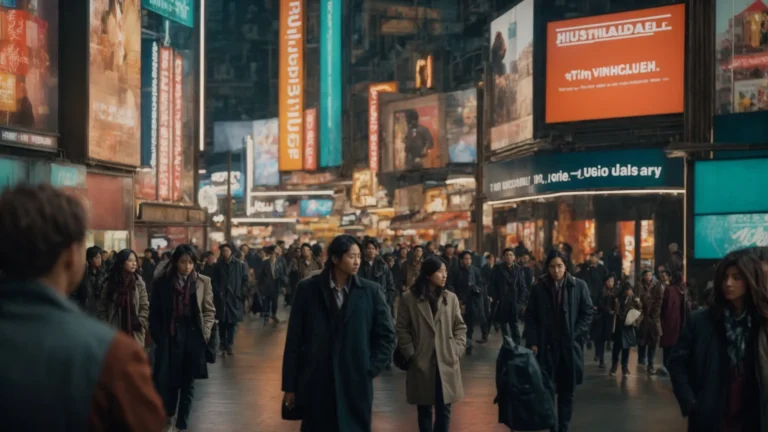 a bustling street with vibrant digital billboards alongside classic poster ads.