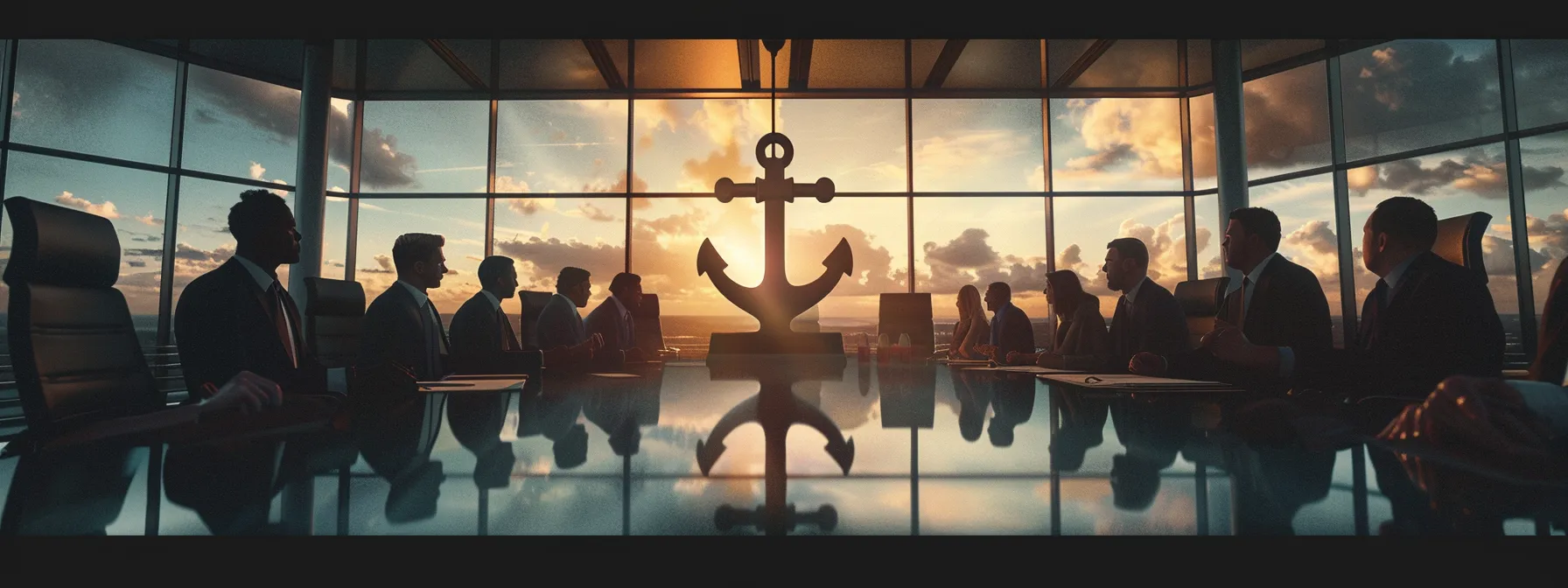 Why Small Businesses Leverage Fortune 500 Corporate-grade Benefits to Attract Top Talent 2 a group of business professionals in a boardroom pointing to a large anchor symbolizing fortune 500 benefits for small businesses in the brand industry.