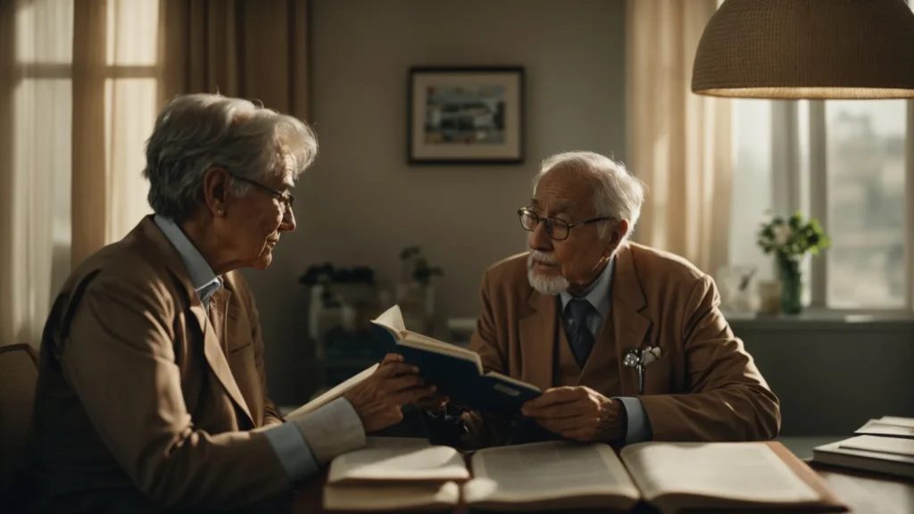an elderly person and a doctor are discussing over a book in a calm, well-lit room.