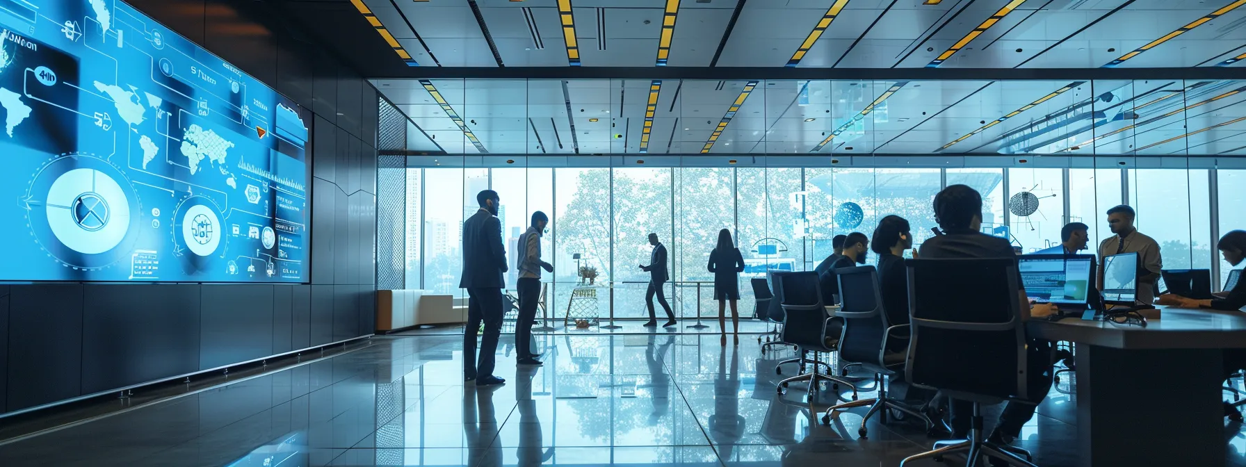 How Leveraging AI-Powered Marketing Solutions Drives Customer Retention 1 a sleek, modern office bustling with professionals engaged in a strategy session, surrounded by digital displays showcasing ai-driven marketing insights.