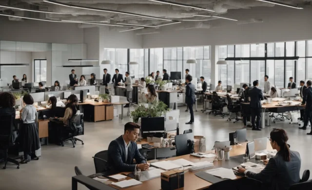 a bustling office with diverse professionals working collaboratively around a large conference table.