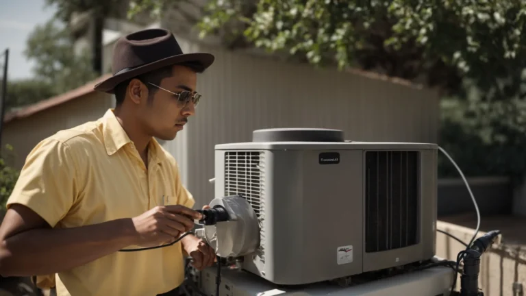 a technician inspecting an air conditioning unit outdoors on a sunny day.