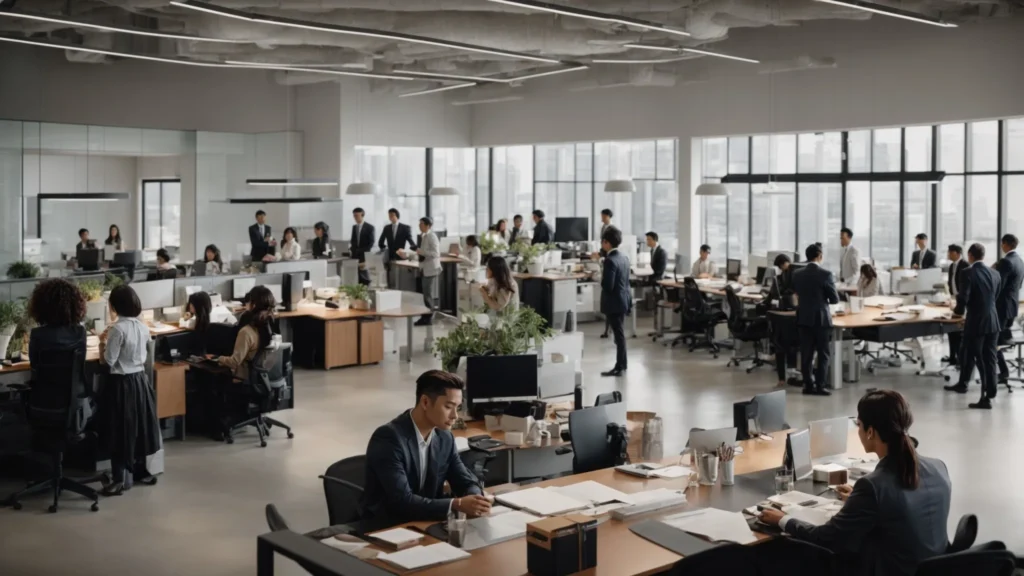 a bustling office with diverse professionals working collaboratively around a large conference table.