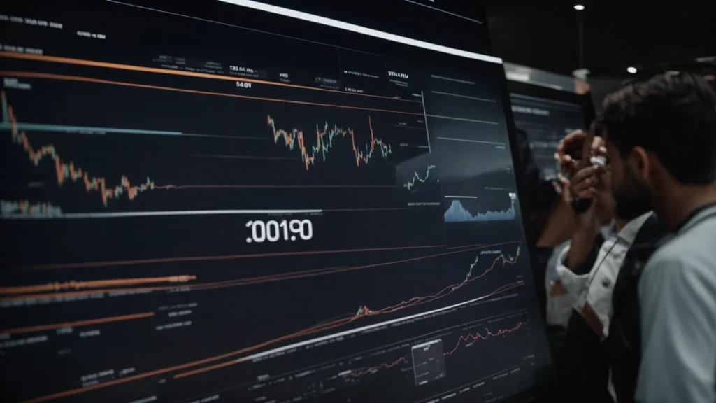 people are gathered around a digital display showing graphs and charts.