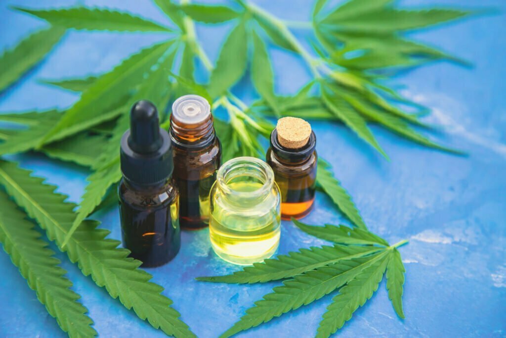 Marijuana dispensary products and herbal extracts illustrating the cannabis industry