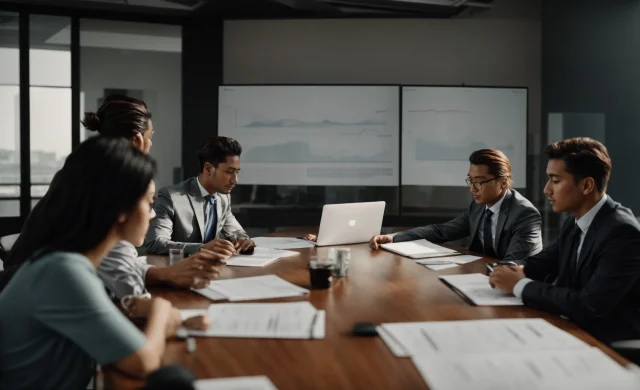 a group of professionals in a meeting room discussing charts and graphs.