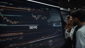 people are gathered around a digital display showing graphs and charts.