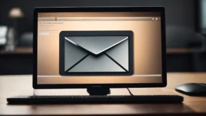 a computer screen displaying an open email inbox with a shield icon in the corner, symbolizing protection.