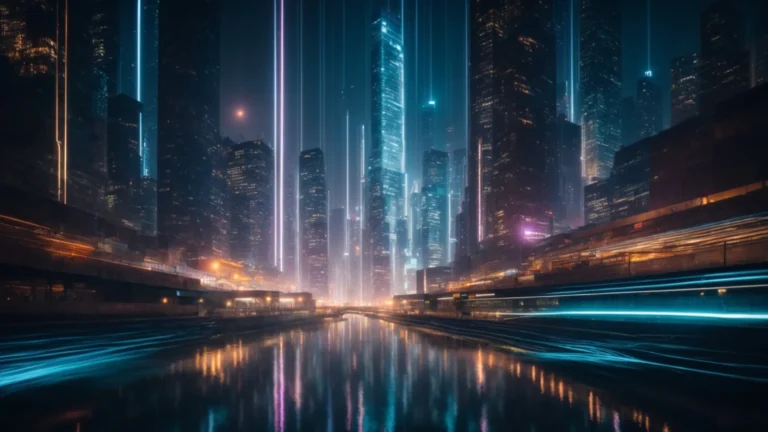 a futuristic cityscape illuminated with digital data streams flowing through buildings.